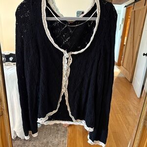 Free People Black Cardigan with White Trim